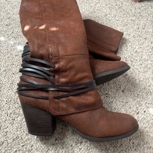 Fergalicious Chestnut Brown Mid-Calf Block Heel Boots with Wrap Straps